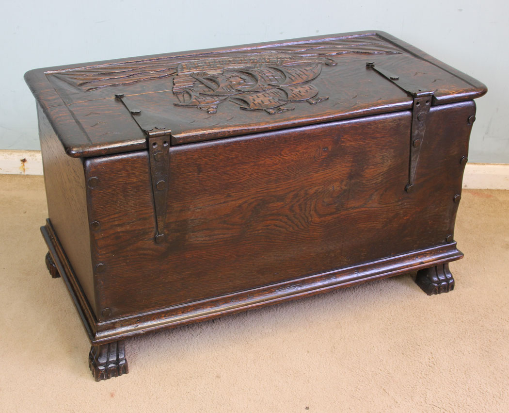 11359r9 Antique Carved Oak Chest, Coffer, Antique Carved Oak Coffer Chest