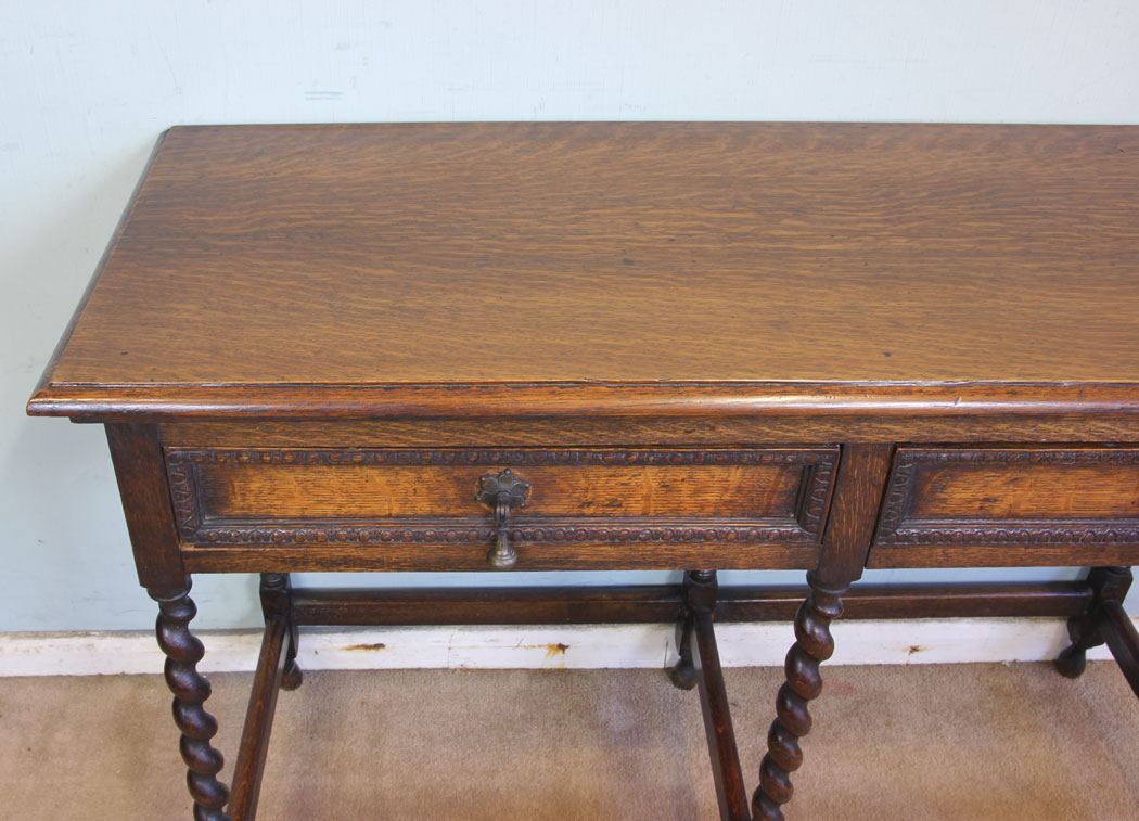 11376r5 Antique Oak Hall Side Table, Antique Oak Barley Twist Two Drawer Side Table. This oak side table has a solid oak top with moulded edge under having two drawers