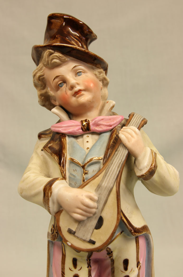 11386r9 Antique Glazed & Bisque Porcelain Pair of Figurines,