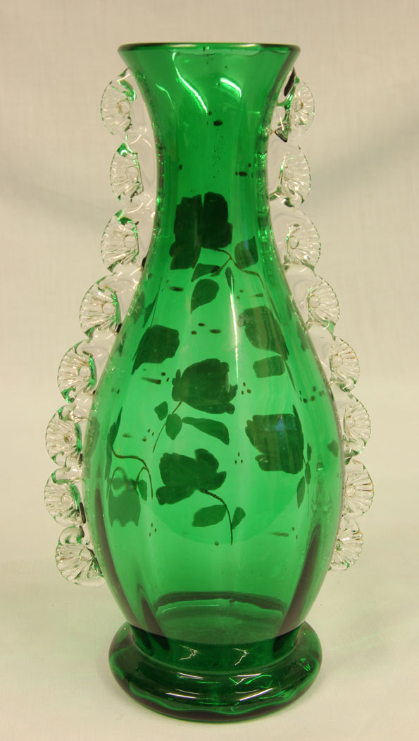 11392r2 Antique Green Glass Decorated Vase,