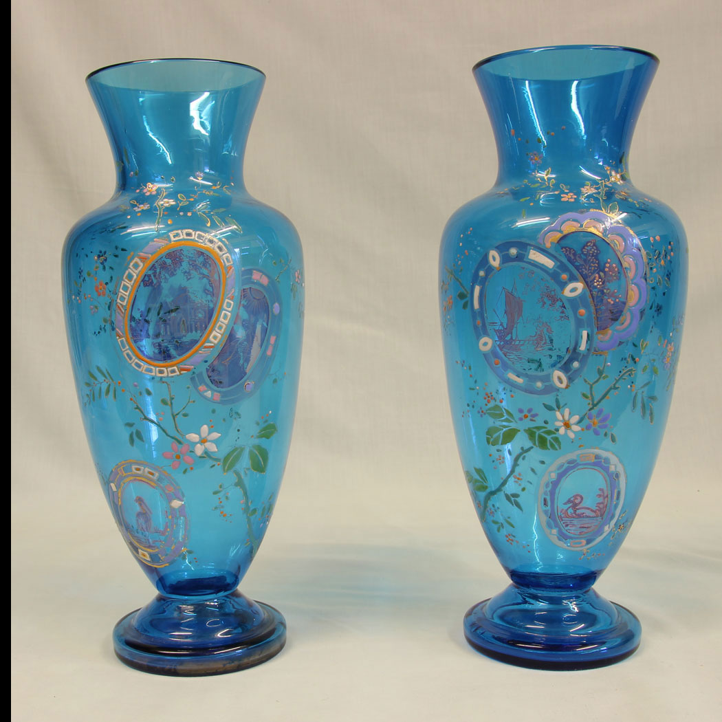 11412r01 Pair of Antique Pale Blue Glass Decorated Vases