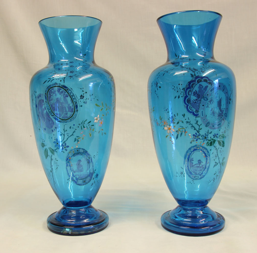 11412r2 Pair of Antique Pale Blue Glass Decorated Vases, Pair of Antique Pale Blue Glass Decorated Vases.