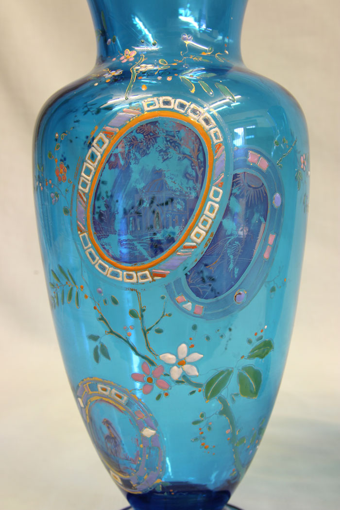 11412r4 Pair of Antique Pale Blue Glass Decorated Vases, Pair of Antique Pale Blue Glass Decorated Vases.