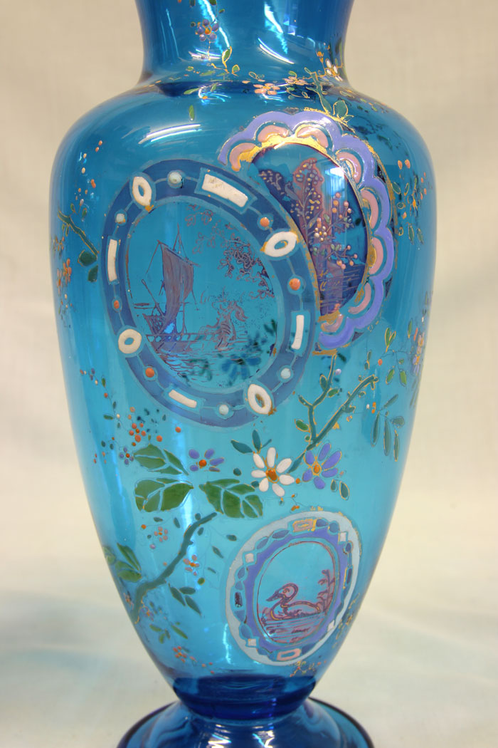 11412r5 Pair of Antique Pale Blue Glass Decorated Vases, Pair of Antique Pale Blue Glass Decorated Vases.