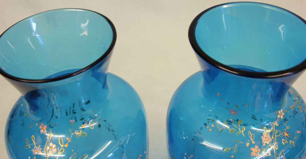 11412r6 Pair of Antique Pale Blue Glass Decorated Vases, Pair of Antique Pale Blue Glass Decorated Vases.