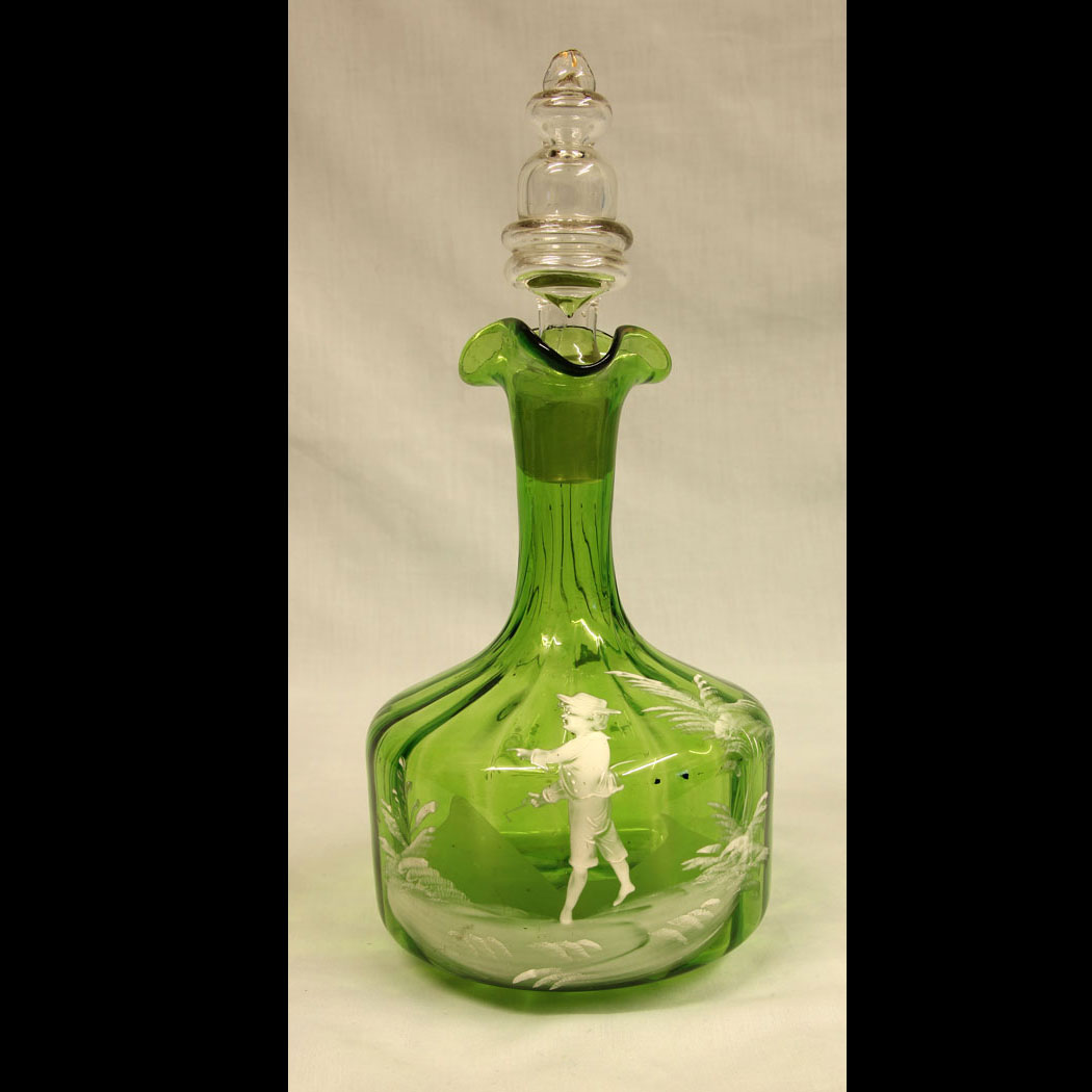 11418r01 Antique Mary Gregory Green Glass Decanter