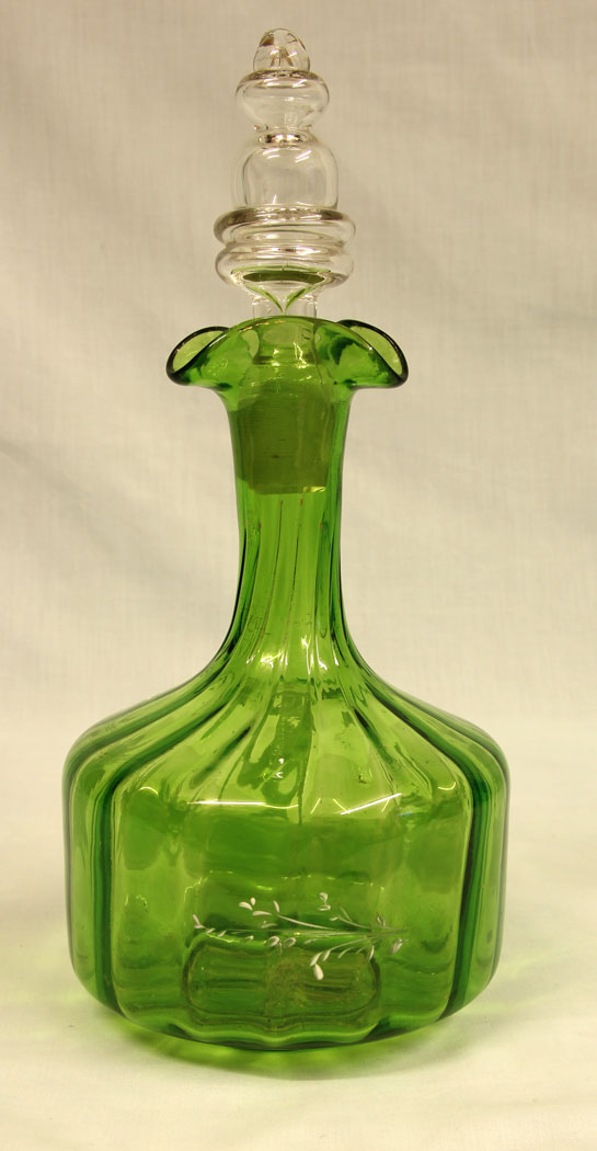 11418r2 Antique Mary Gregory Green Glass Decanter, Antique Mary Gregory Green Glass Decanter