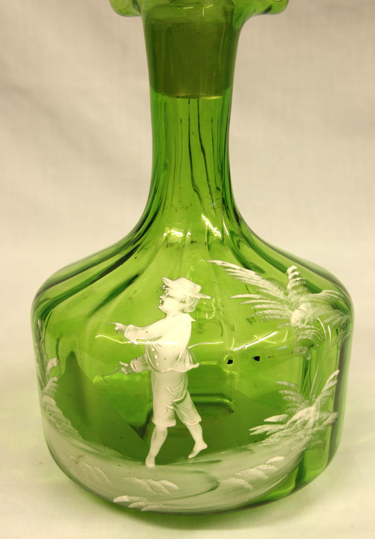 11418r4 Antique Mary Gregory Green Glass Decanter, Antique Mary Gregory Green Glass Decanter