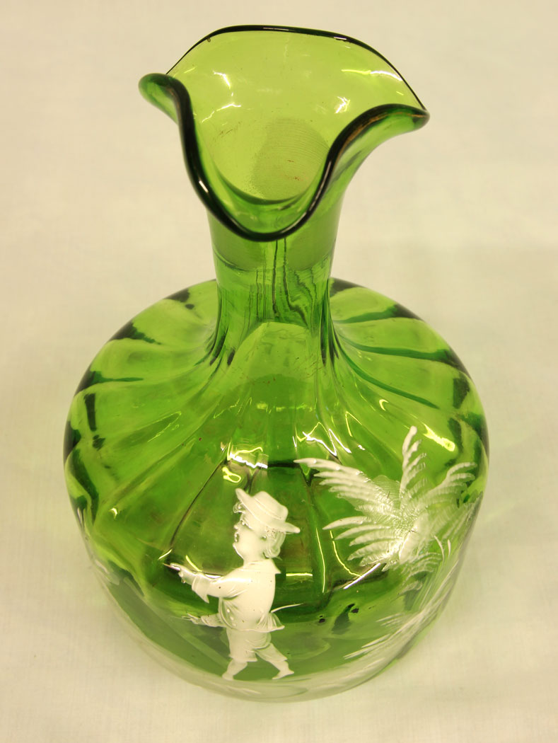 11418r5 Antique Mary Gregory Green Glass Decanter, Antique Mary Gregory Green Glass Decanter