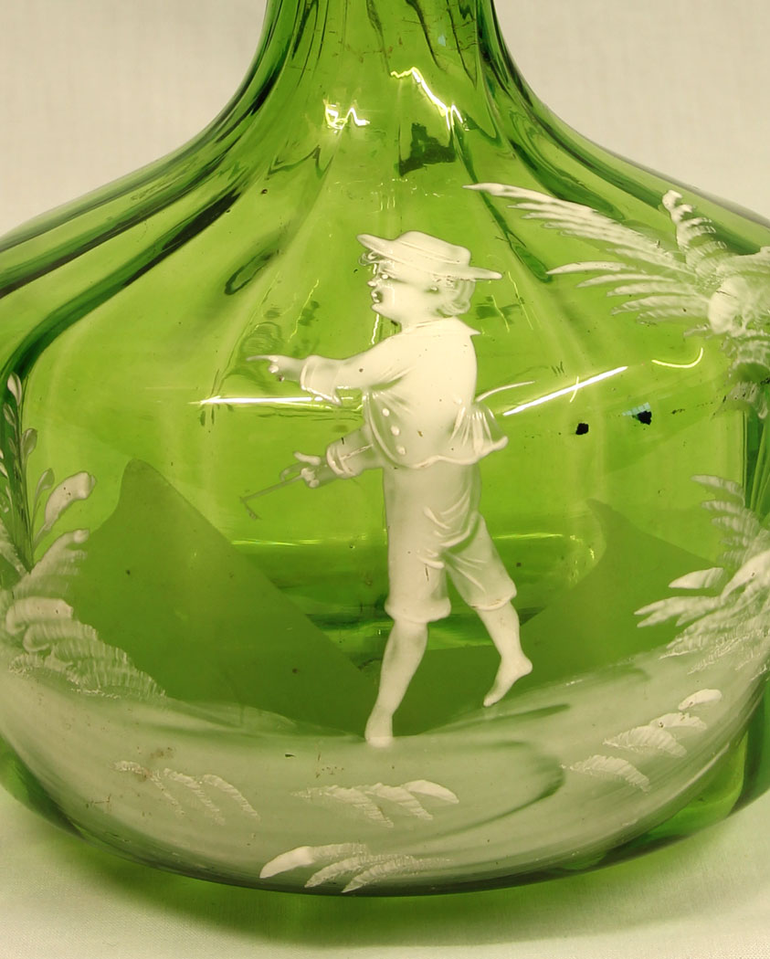 11418r7 Antique Mary Gregory Green Glass Decanter,