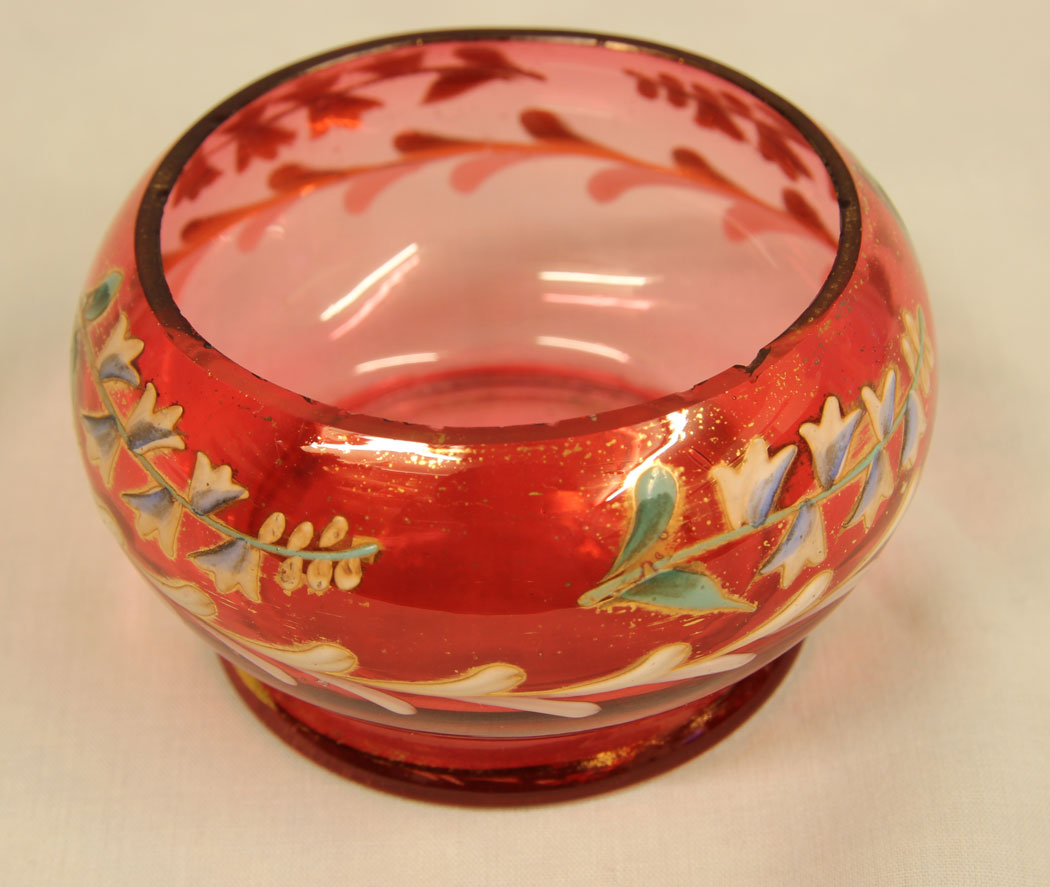 11419r4 Victorian Cranberry Glass Decorated Salt, Late Victorian Cranberry Glass Decorated Salt