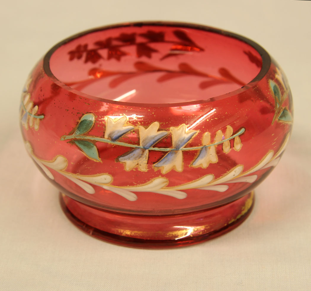 11419r5 Victorian Cranberry Glass Decorated Salt, Late Victorian Cranberry Glass Decorated Salt