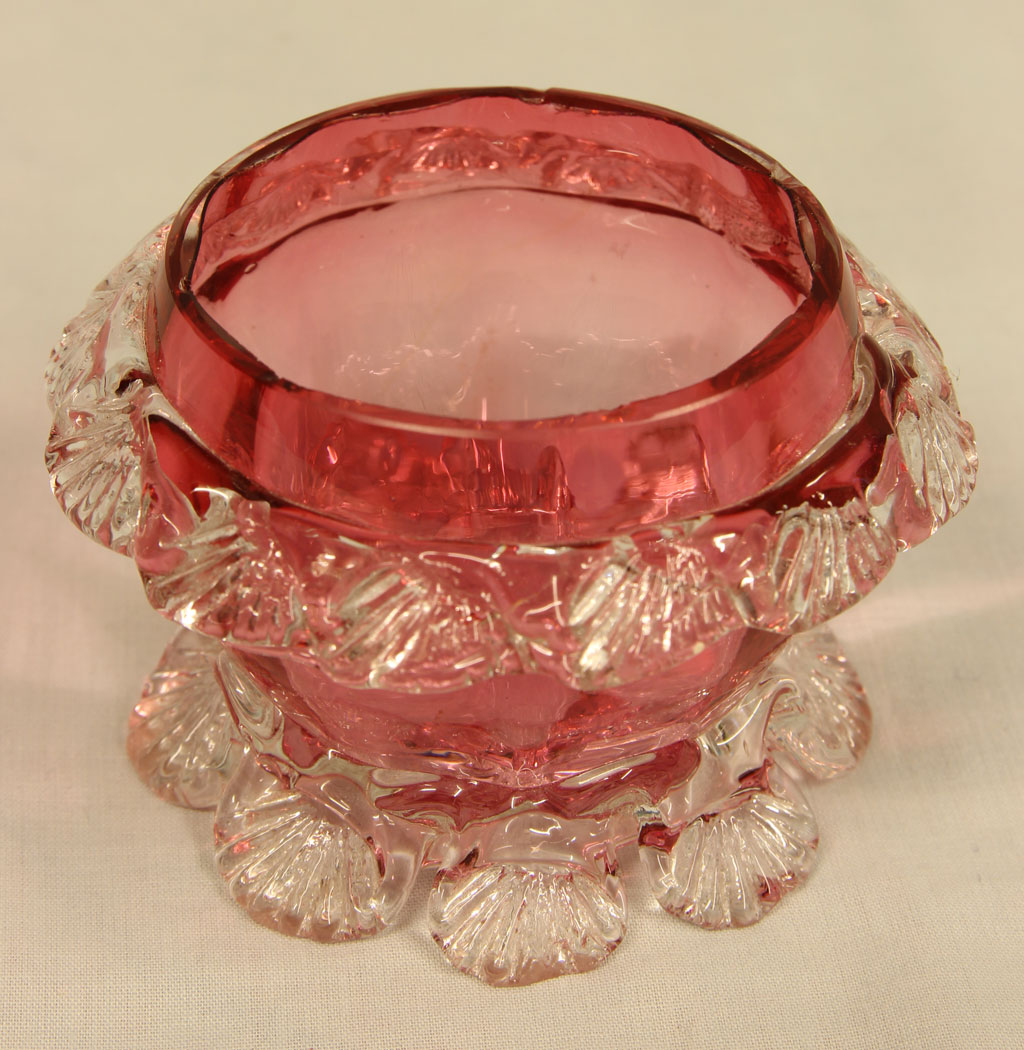 11420r3 Antique Cranberry Glass Frilled Salt. Antique Cranberry Glass Frilled Salt.