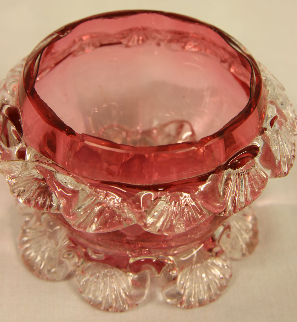 11420r4 Antique Cranberry Glass Frilled Salt. Antique Cranberry Glass Frilled Salt.