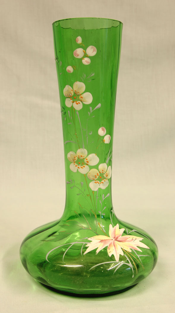 11444r1 Antique Decorated Green Glass Shaped Vase, Antique Decorated Green Glass Shaped Vase