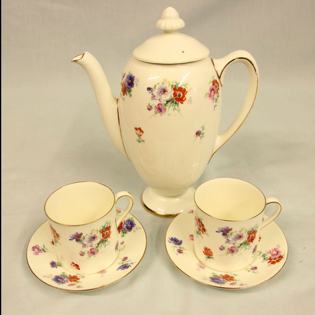 11458r01 Antique Royal Doulton Trixy Pattern Coffee Pot , Antique Royal Doulton Trixy Pattern Coffee Pot & Two Coffee Cans