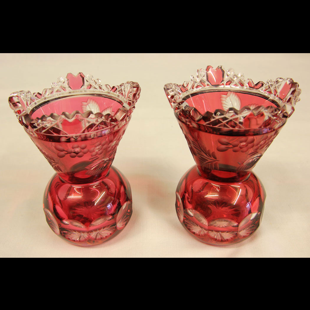 11462r01 Pretty Pair of Heavy Cut Glass Ruby Vases, A Pretty Pair of Heavy Cut Glass Ruby Vases