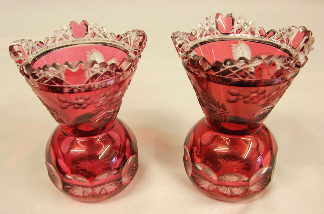 11462r1 Pretty Pair of Heavy Cut Glass Ruby Vases, A Pretty Pair of Heavy Cut Glass Ruby Vases