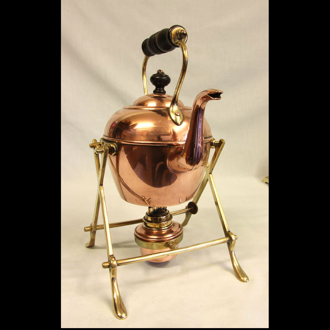 11469r01 Antique Copper & Brass Kettle on Stand, Antique Copper & Brass Kettle on Stand
