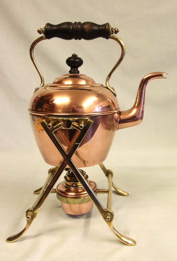 11469r4 Antique Copper & Brass Kettle on Stand, Antique Copper & Brass Kettle on Stand