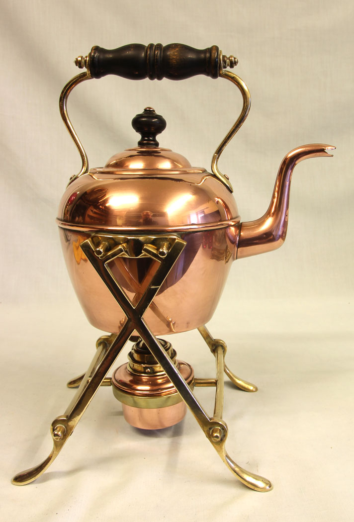 11469r5 Antique Copper & Brass Kettle on Stand, Antique Copper & Brass Kettle on Stand