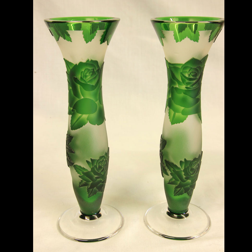11474r01 Pair Green Cameo Glass Vases, Pair Green Cameo Glass Vases