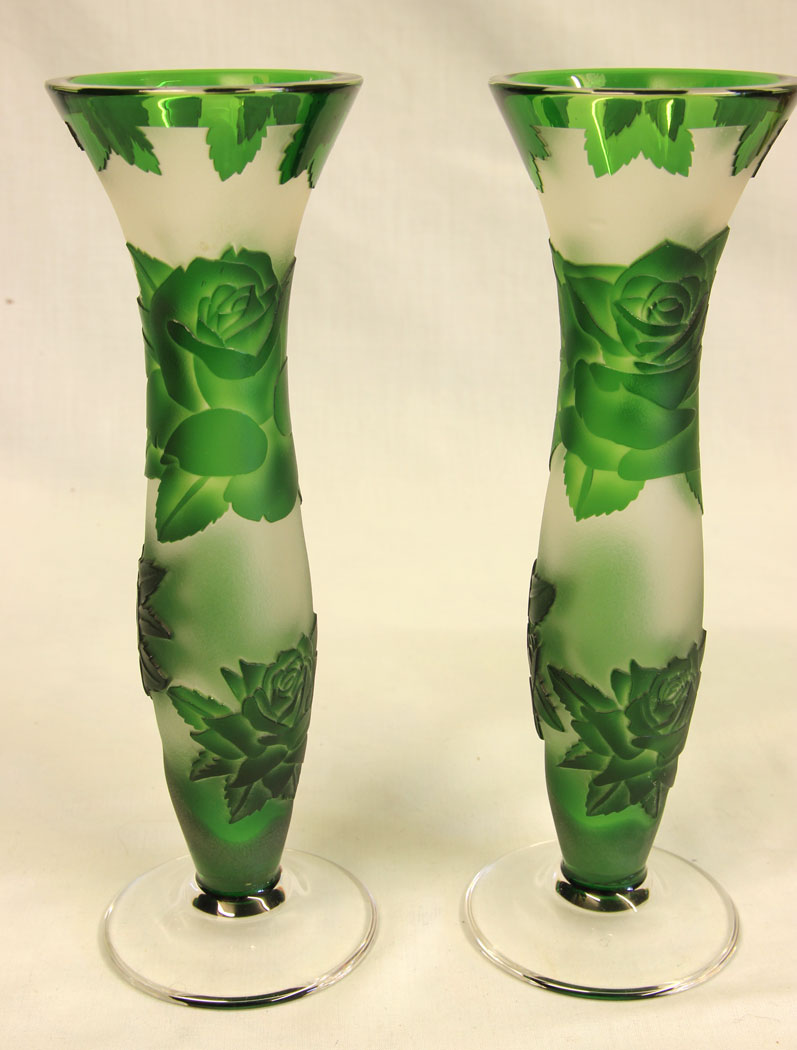 11474r1 Pair Green Cameo Glass Vases, Pair Green Cameo Glass Vases