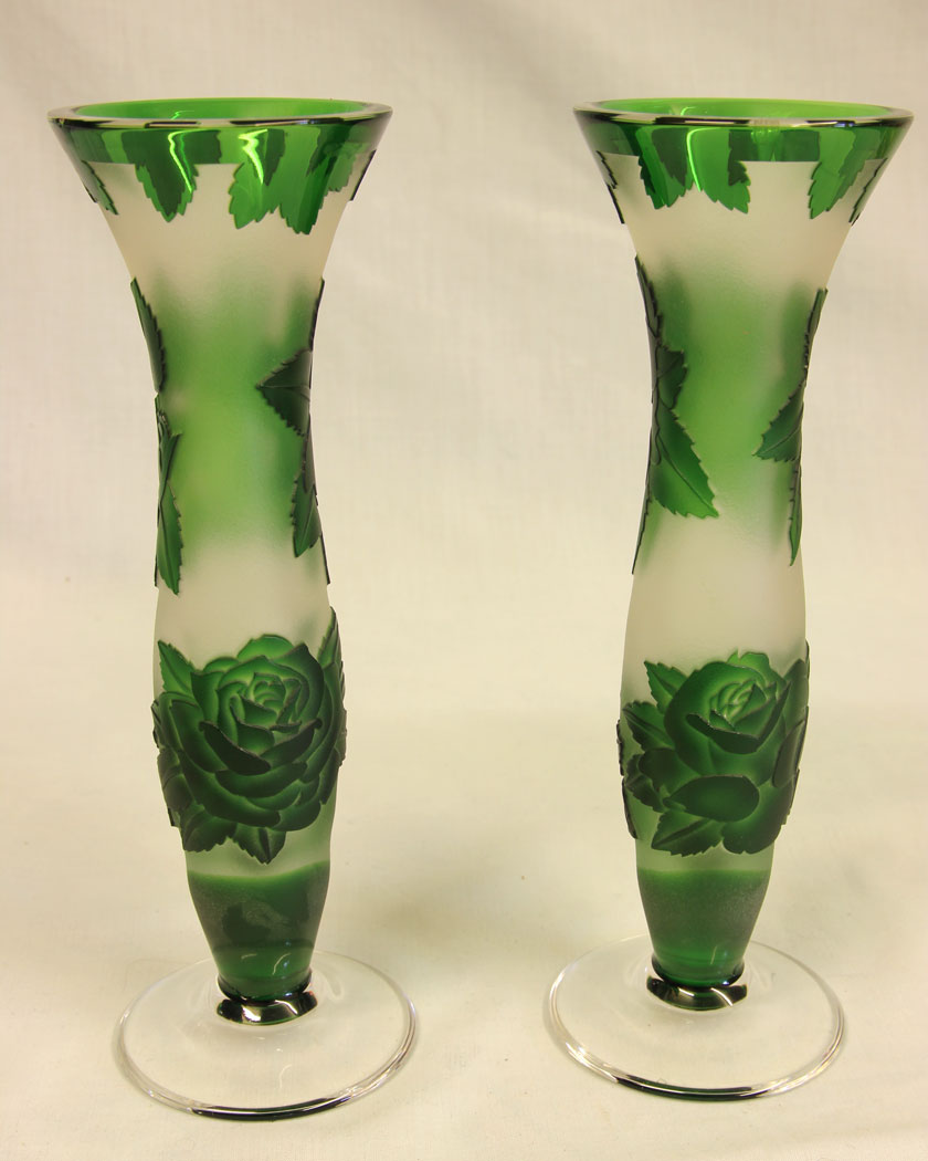 11474r2 Pair Green Cameo Glass Vases, Pair Green Cameo Glass Vases