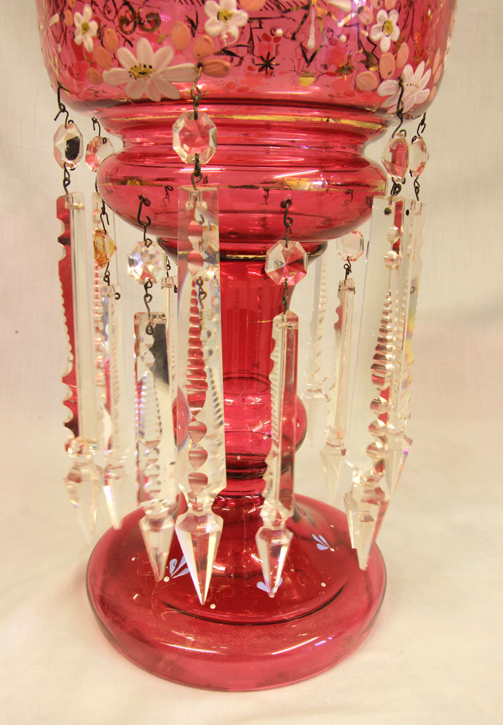 11491r3 Antique Victorian Cranberry Mantle Table Lustre, Antique Victorian Cranberry Mantle Table Lustre
