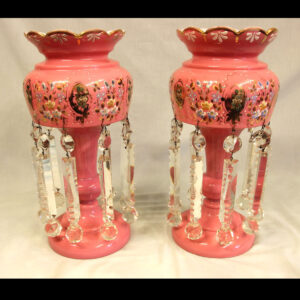Pair Antique Victorian Pink Table Mantle Lustres