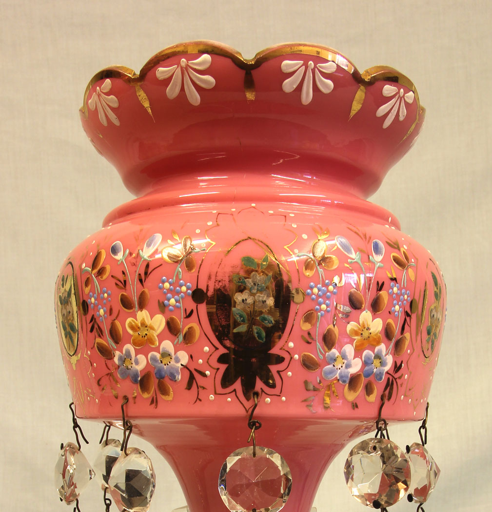 11492r10 Pair Antique Victorian Pink Table Mantle Lustres, Pair Antique Victorian Pink Table Mantle Lustres
