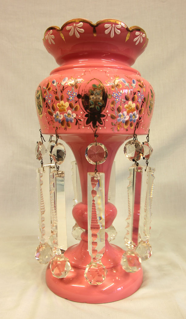11492r2 Pair Antique Victorian Pink Table Mantle Lustres, Pair Antique Victorian Pink Table Mantle Lustres