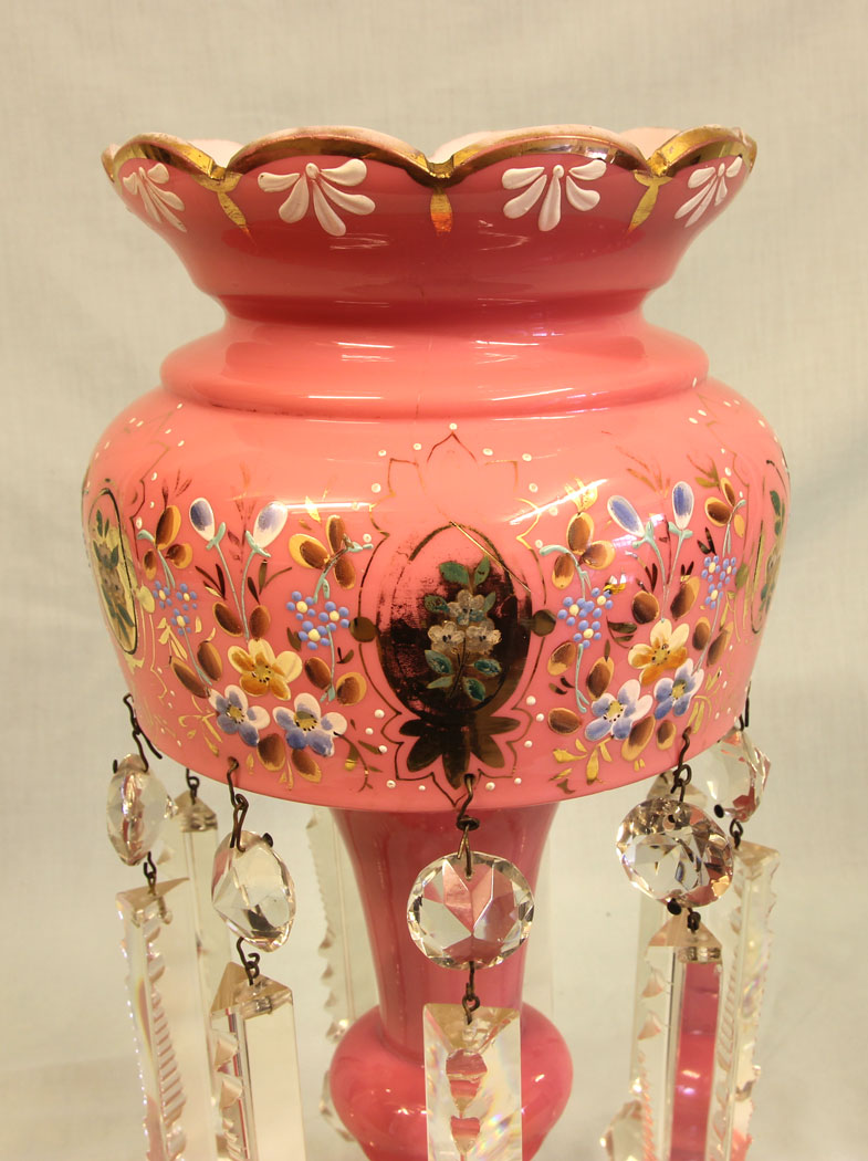 11492r4 Pair Antique Victorian Pink Table Mantle Lustres, Pair Antique Victorian Pink Table Mantle Lustres