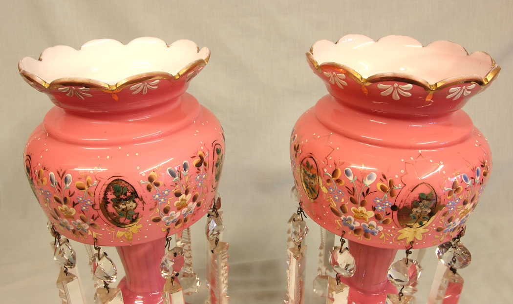 11492r5 Pair Antique Victorian Pink Table Mantle Lustres, Pair Antique Victorian Pink Table Mantle Lustres