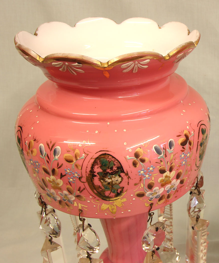 11492r6 Pair Antique Victorian Pink Table Mantle Lustres, Pair Antique Victorian Pink Table Mantle Lustres