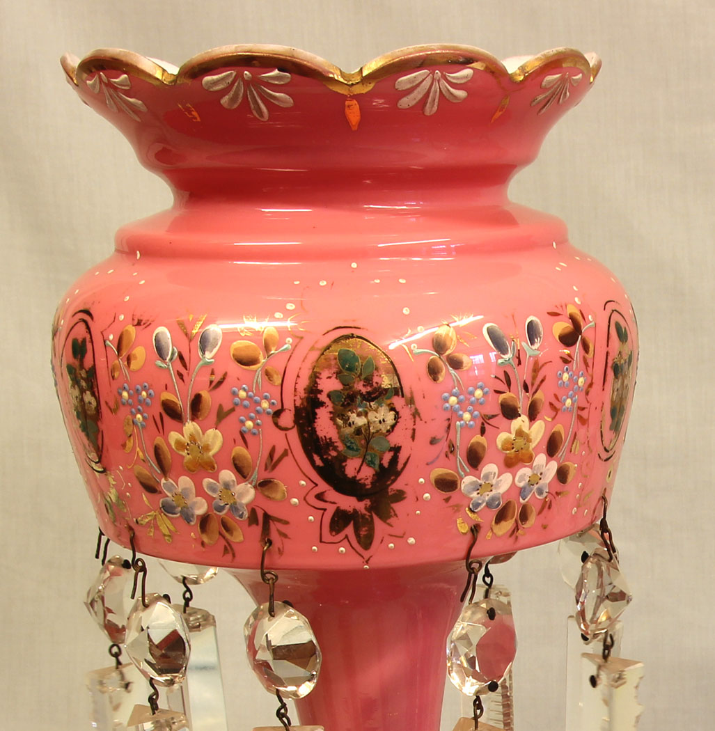 11492r7 Pair Antique Victorian Pink Table Mantle Lustres, Pair Antique Victorian Pink Table Mantle Lustres