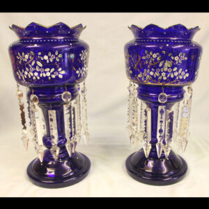 Pair Antique Bristol Blue Table Mantle Lustres