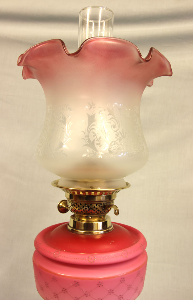 11498r2 Antique Victorian Satin Pink Oil Lamp, Antique Victorian Satin Pink Oil Lamp