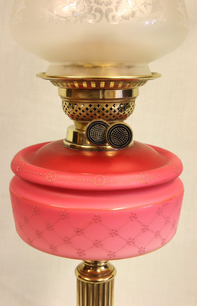 11498r5 Antique Victorian Satin Pink Oil Lamp, Antique Victorian Satin Pink Oil Lamp