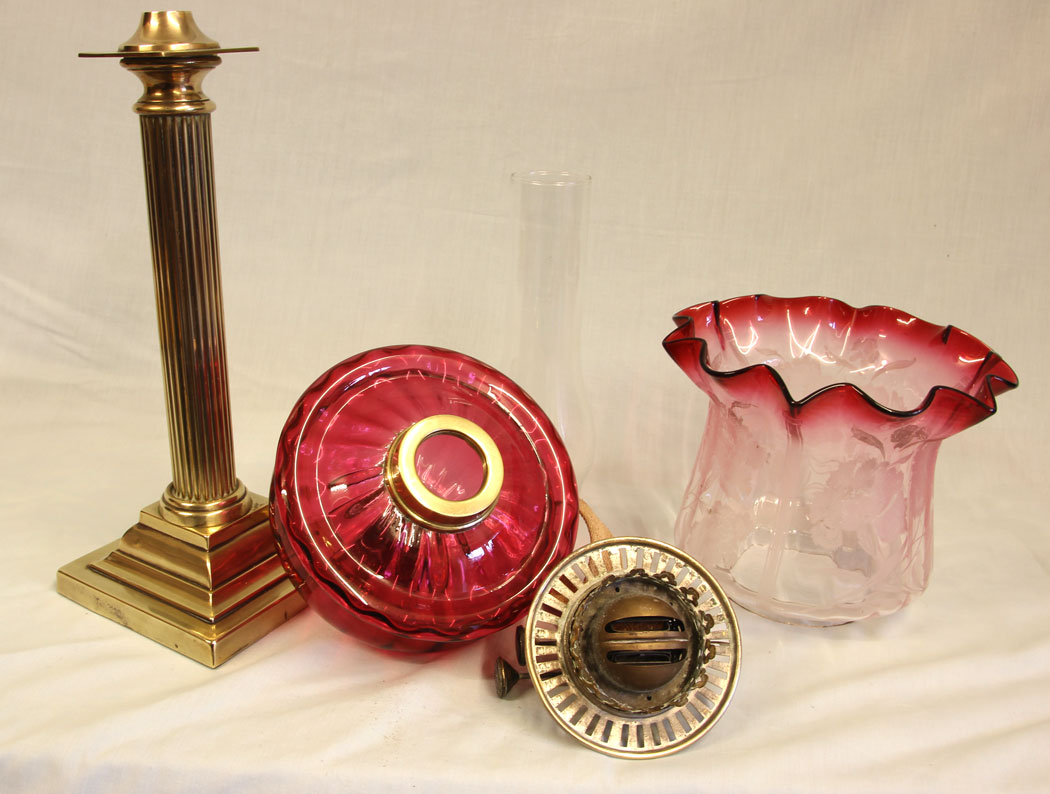 11499r12 Antique Victorian Cranberry Oil Lamp, Antique Victorian Cranberry Oil Lamp