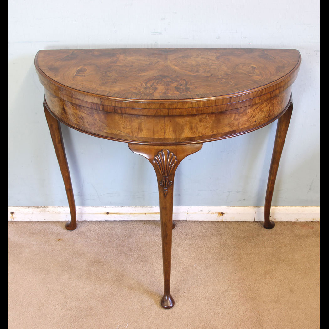 11598r01 Antique Burr Walnut Demi Lune Side Card Table, Antique Burr Walnut Demi Lune Side Card Table