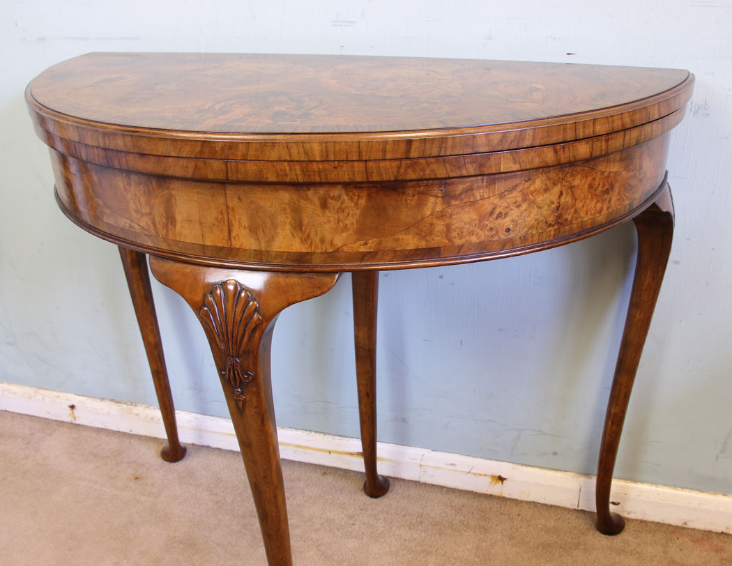 11598r10 Antique Burr Walnut Demi Lune Side Card Table,