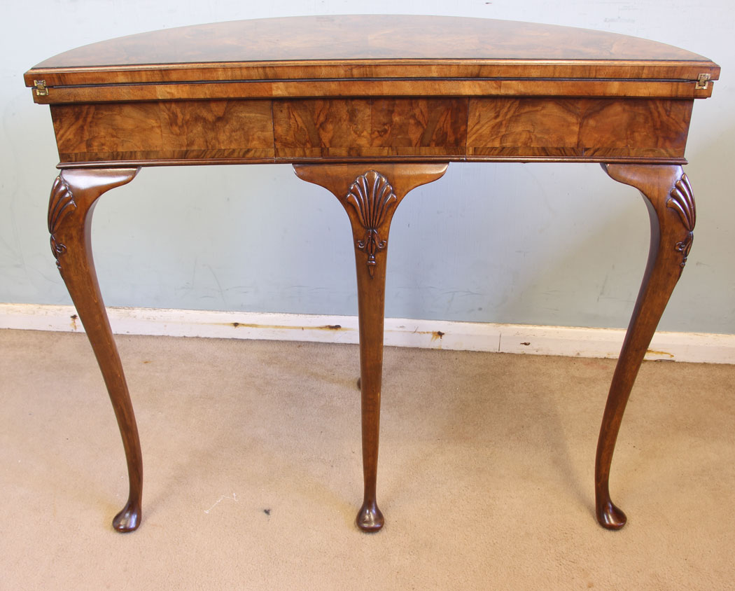 11598r11 Antique Burr Walnut Demi Lune Side Card Table,