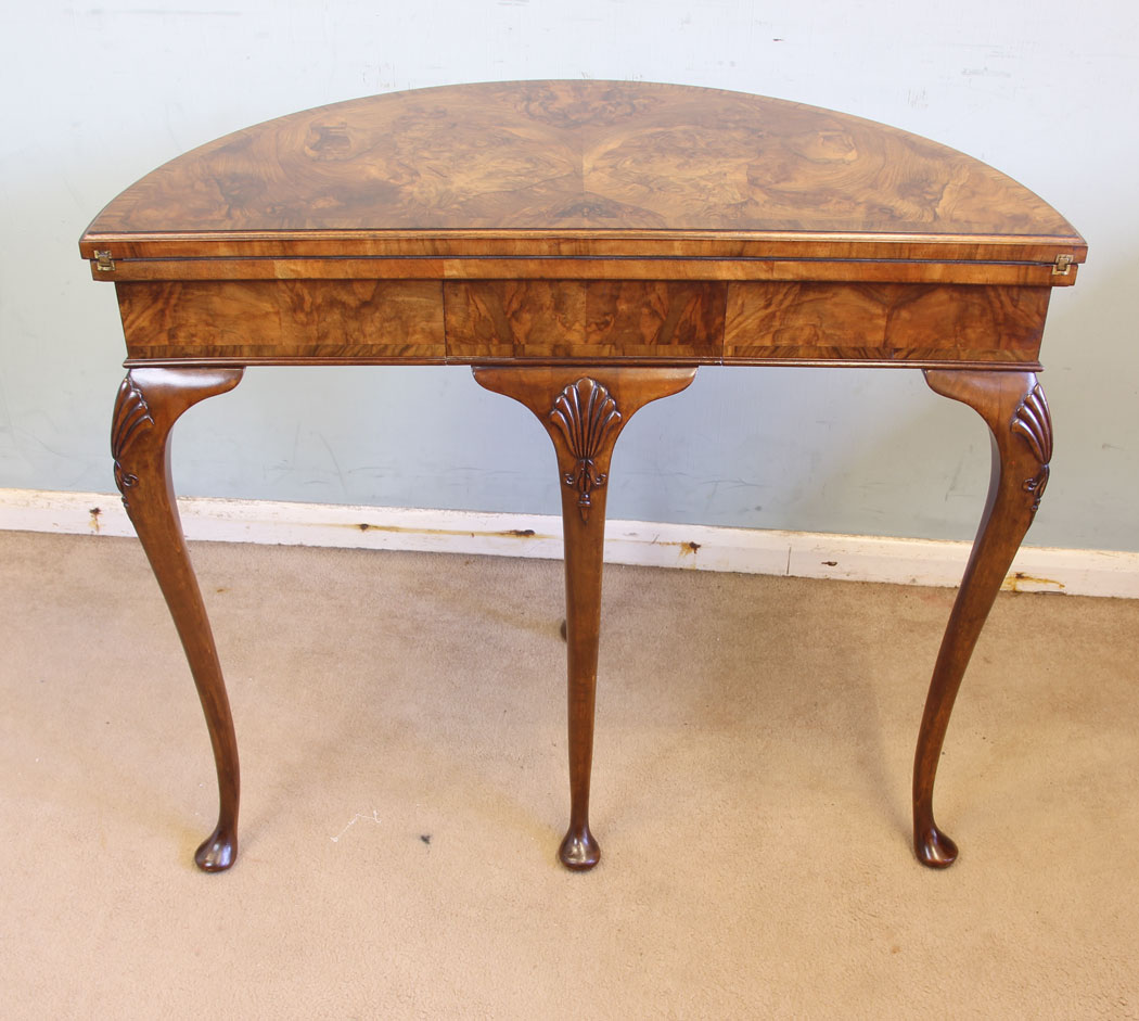 11598r12 Antique Burr Walnut Demi Lune Side Card Table,