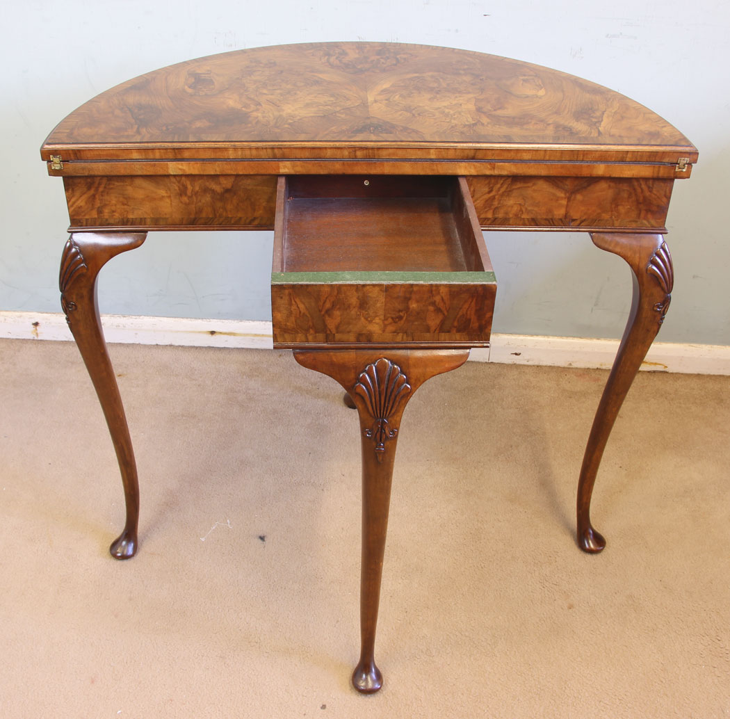 11598r13 Antique Burr Walnut Demi Lune Side Card Table,
