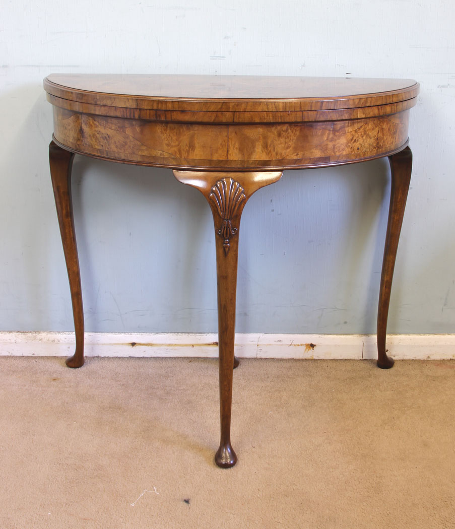 11598r2 Antique Burr Walnut Demi Lune Side Card Table,