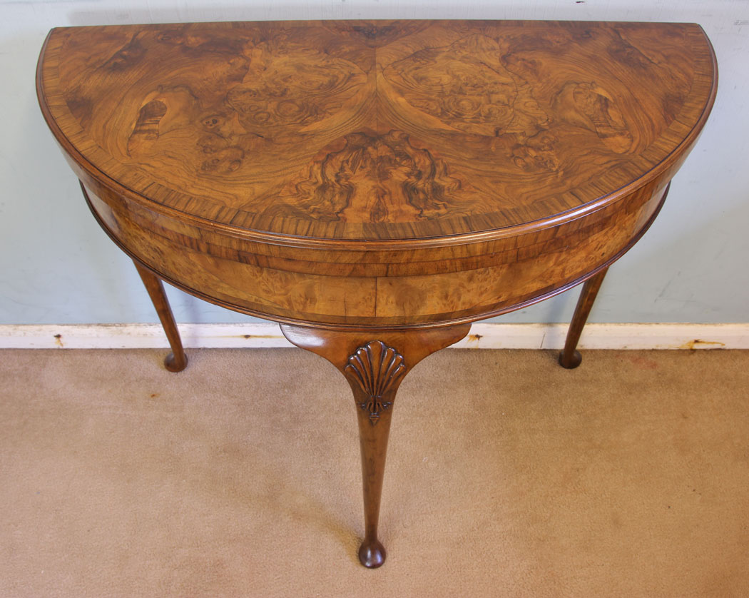 11598r4 Antique Burr Walnut Demi Lune Side Card Table,