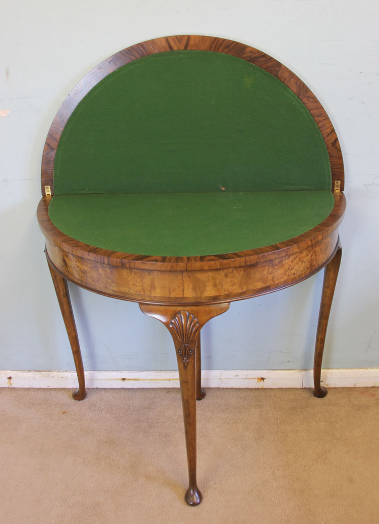 11598r8 Antique Burr Walnut Demi Lune Side Card Table,