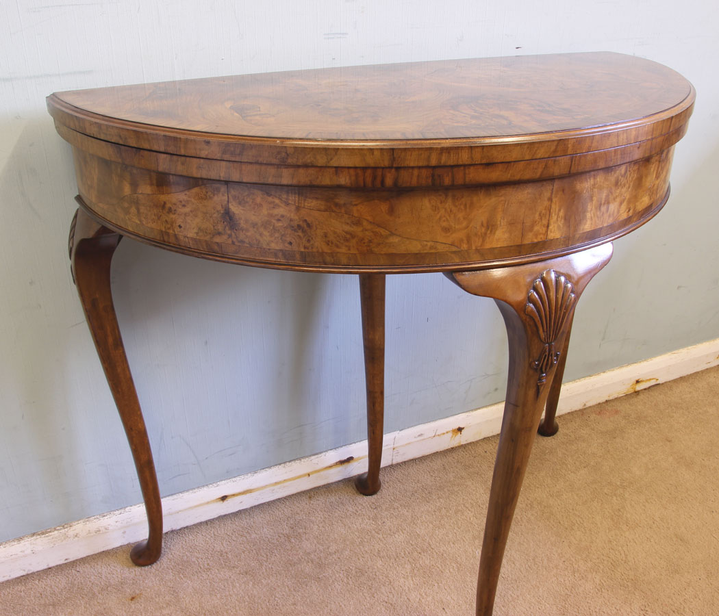 11598r9 Antique Burr Walnut Demi Lune Side Card Table,