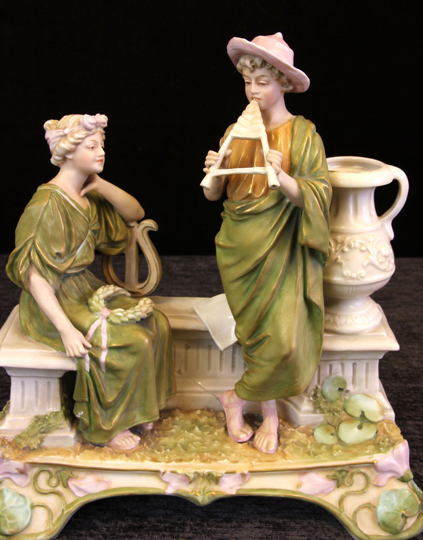 11612r2 Antique Royal Dux Centre Piece of Young Lady and Gentleman Playing Flute,